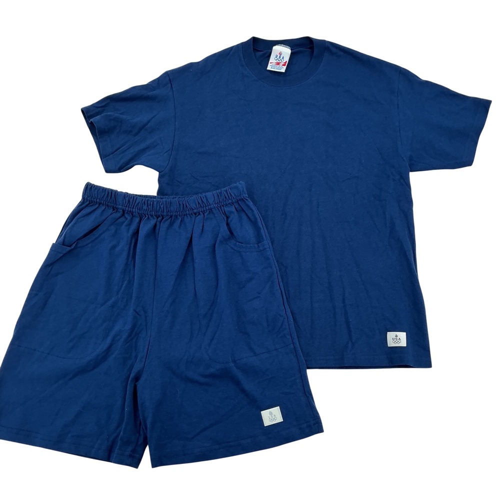 USA Olympic T-Shirt Shorts Set Mens Medium Navy Blue Cotton Vintage 90s Sporty